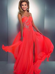 -2015 Rose Corail de couleur des robes de bal en cristal Embellished Halter Slit en mousseline de soie brillant Hot robe de bal Sexy Low Back Cut Out Neon Coral Gown