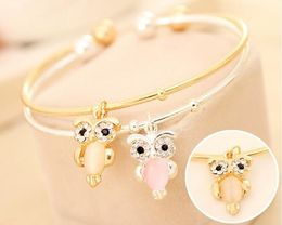 2018 new Fashion Jewellery Women Charming Cute Opening Opal Crystal Owl Charm Pendant Gold/Silver Alloy Bangles