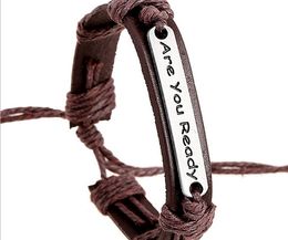 2015 latest version punk style 100% genuine leather bracelet handmade man woman Are you Ready rope adjustable bracelet 20pcs/lot