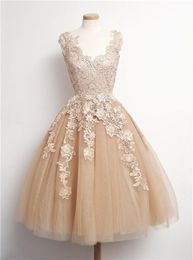 Short Party Dresses Lace Appliques V Neck Tulle Formal Dresses Evening Gowns Personalized Champagne Bridesmaid Prom Dress