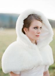 Cheap New Romatic Winter In Stock Hooded White Ivory Faux Fur Jacket Wedding Bridal Wraps Warmer Short Women Shawl Capes Free shipping