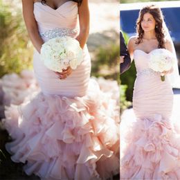 Real Image Blush Pink Mermaid Wedding Dresses High Quality Low Open Back Fit and Flare Bridal Gowns Ruched Ruffles Crystals Sash Custom