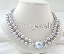 P4252 -2row 17-18" 10mm gray round freshwater pearl necklace -blister Mabe pearl