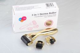 Drop ship 3 in 1 Derma Roller,3 separate roller heads of different needle count 180c/600c/1200c golden handle micro needle roller