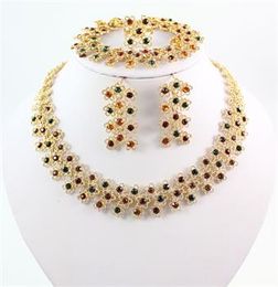 -Nagelneues Art- und Weiseeinzigartiges Entwurfs-18K Gold überzogene bunte Kristallaussagen-Halsketten-Armband-Ohrring-Ring-Hochzeits-Schmucksachen