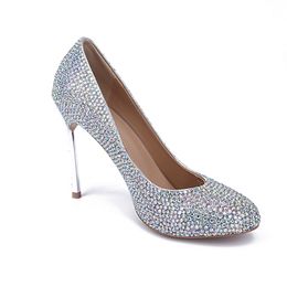 Plus Size Fashion Women's Shoes Closed Toe Sparkling AB Colour Crystal Bridal Shoes Genuine Leather Evening Party Prom Shoes