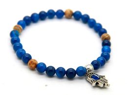 2015 New Design Handmade Charms Bracelet Fatima Hand Evil Eye Charm Hamsa Bracelet, with 6mm Natural blue agate stone beads.