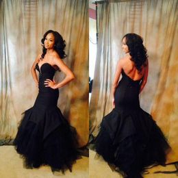 Sexy Black Sweetheart Bodice Mermaid Prom Dresses Zipper Low Back Satin Tulle Ruffles Evening Gowns Floor Length Formal Party Dresses