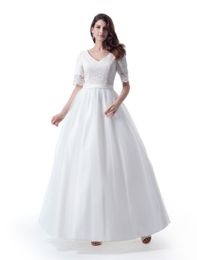 Simple A-line Puffy Lace Tulle Modest Wedding Dresses With Sheer Half Sleeves V Neck Satin Belt Plain Tulle Skirt Ankle Length Bridal Gowns