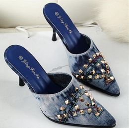 Rivets High Heels Shoes Women Pumps blue Denim Summer dress shoes Spring fashion style Pointed Toe heeled