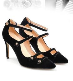 Classic Velvet Pointed Toe Women Pumps Button Decoration High Heels 8cm Thin Heel Hollow Out Pumps dress shoes