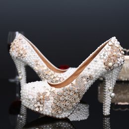 Fashion Luxury Wedding Shoes with White Pearl Bridal Shoes with High Heels Waterproof Phoenix Crystal Adult Ceremony Pumps