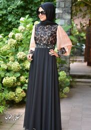 Muslim Abaya Islamic Women Formal Evening Dresses Lace Arabian Dubai Kaftan Top Crystal Beaded Long Sleeves Chiffon Party Gown