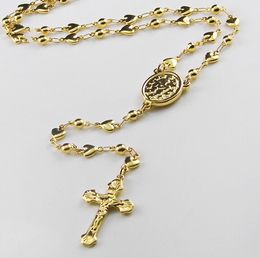 Sweet Style 5 mm Women&Girls'Gift Gold Rosary Necklace Stainless Steel Religous Jusus Cross Beads Hearts Crucifix