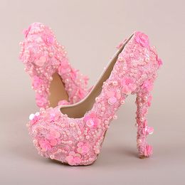 Pink Pearl Sequins Lace Wedding Shoes High Heels Platform Dress Shoes Beautiful Party Prom Shoes Bling Bling Bridesmaid Shoes