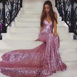 2021 Sparkle Rose Pink Sexy Prom Dresses Sequins Lace Long Mermaid V Neck Criss Cross Back Long Formal Cheap Evening Dress Party G223k