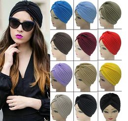 Top Quality Stretchy Turban Head Wrap Band Sleep Hat Chemo Bandana Hijab Pleated Indian Cap Yoga turban hat 20 Colours Free DHL