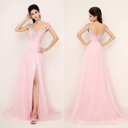 2016 Evening Gowns Off Shoulder Pink Beaded Pleats New Backless Prom Gown Evening Dresses Homecoming Chiffon