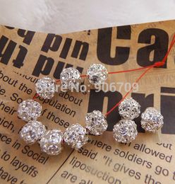 Wholesale-Free Shipping Shamballa Spacer Beads 8mm White Crystal Glass Handicraft Globose Beads,Silver Plated Pave Rhinestone Balls