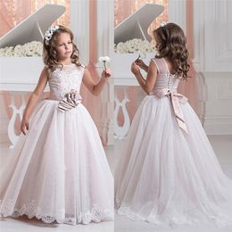 Spring Flower Girl Dresses Sheer Appliqued Jewel Baby Girl Children Party Dress Sweep Train Gowns For Communion With Bow