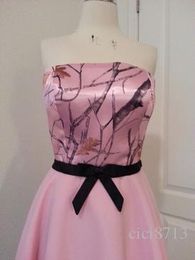 Pink Camo Bridesmaid Dress Strapless Knee-length Short Wedding Party Dess Camo Formal Gown265S