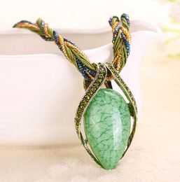 17colors Gem Stone Teardrop Crystal Pendant Necklaces Hollow out China Style National Bead and Rope Chain Jewellery 5pcs