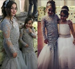 Shinning Light Grey Lace Mermaid Flower Girl Dresses For Wedding 2017 Sequins Beaded Long Sleeves Girls Pageant Gowns Children Party Dresses
