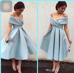 2018 New Cheap Arabic Short Prom Dresses Off Shoulder Ruched Draped Sky Blue Satin Tea Length Party Dress Plus Size Cocktail Evening Gowns