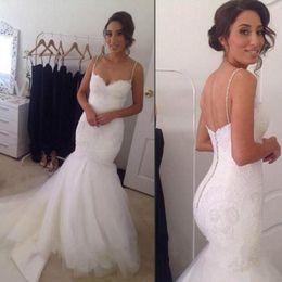 Sexy Mermaid Wedding Dress Spaghetti Straps Sweetheart Sleeveless Beaded Lace Tulle Bridal Gowns Open Back Custom Made