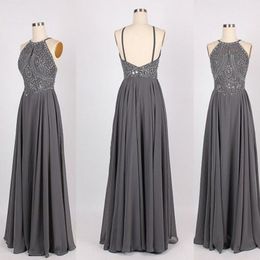 High Quality Custom Made Grey Prom Dress A Line Halter Neck Beaded Sequins Top Open Back Floor Length Evening Party Gowns Custom Made