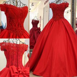 Gorgeous Red Beading Ball Gown Wedding Dresses 2017 Off Shoulder Bodice Lace Up Bridal Gowns Custom Made Wedding Dresses With Big Bow