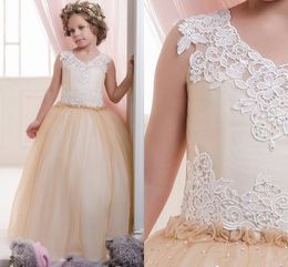 Crystal Lace Flower Girl Dresses Tulle Champagne Children Wedding Dresses Elegant Little Girl Pageant Dresses Hot