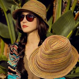 Wholesale- Women Summer Bohemia Style Straw Hats Foldable Striped Braided Rope Beach Sun Hat