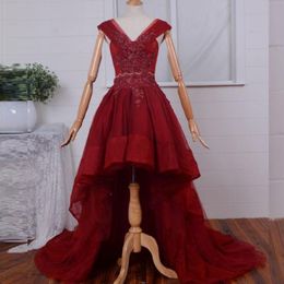 Burgundy Formal Gowns V Neck Sleeveless Beaded Lace Appliques Corset High Low Prom Dresses Waves Short Front Long Back Evening Dress