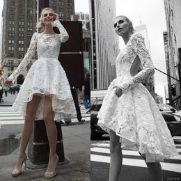 Stunning Short Lace Bridal Dresses Hi-Lo Long Sleeve Wedding Dress 3D-Floral Appliques Wedding Gown Open Back Bateau Neck Custom Made