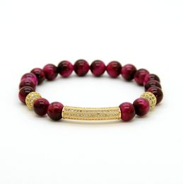 Fashion Men & Women Jewellery Wholesale 8mm A Grade Roseo Tiger Eye Stone Micro Inlay Clear Cz Tube Beaded Bracelets