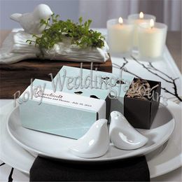 FREE SHIPPING 100PCS(50sets) Love Birds Salt and Pepper Wedding Favors in Blue Gift Box Bridal Shower Souvenirs Ceramic Favors Table Decor