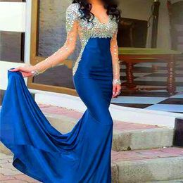 Muslim Arabian Navy Blue Prom Dresses Abendkleide Crystal Beaded Formal Evening Party Gowns Long Sleeve Mermaid vestido de formatura Vestido