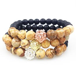 SN0352 Men Beaded Bracelet Jasper Stone Bracelet With Lion Head gold rose gold silver plated Matte Black Onyx Bead Bracelets