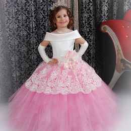Gorgeous White Scoop Neckline Girls Pageant Dresses 2017 Pink Lace Tiered Tulle Lace Up Floor Length Flower Girl Dresses For Wedding