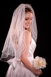 Two Layer Wedding Veil Ribbon Edge White Ivory Champagne Bridal Veil Fingertip Length With comb 173a