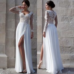 White Beach Wedding Dresses Lace Bridal Gowns Applique Sheer Illusion Long Sleeves High Split Wedding Gowns Soft Chiffon robe de mariee
