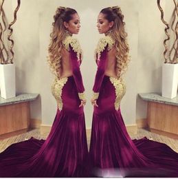 2016 Mermaid Prom Evening Dresses with Long Sleeve Burgundy High Neck Gold Sequins Beaded Long Formal Pageant Gowns Sweep Train
