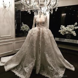 New Vintage Lace Ball Gown Wedding Dresses With Long Sleeves 3D Appliqued Deep V-Neck Court Train Sequined Luxury Bridal Gowns 006