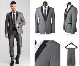 fashion New Arrival Groom Tuxedos Black Lapel Best man Suit Light Grey GroomsmanBridegroom WeddingProm Suits (Jacket+Pants)