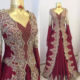 Burgundy Arabic Beaded Evening Dresses With Long Sleeves V Neck A Line Sequined Prom Gowns Vestidos Festa Kaftan Appliqued Formal Dress