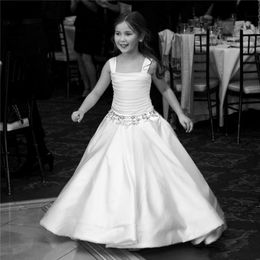 White Satin Flower Girl Dresses For Wedding Wide Straps Beaded Ruffles Girls Pageant Gowns Cheap Children Formal Party Dress