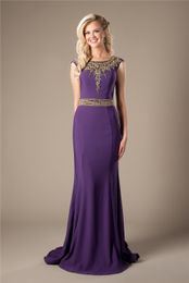 Purple Mermaid Long Modest Evening Dresses Elegant Gold Beaed Sweep Train Cheap Formal Evening Party Dresses Prom Dresses For Teens Girls