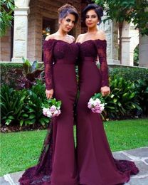 Burgundy Bridesmaid Dresses Off Shoulder Long Lace Applique Sleeves Evening Dresses Mermaid Style Sweep Train Custom Made Formal Party Gowns