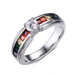 Free Engraving Stainless Steel Gay Lesbian Pride Wedding Rings with Rainbow Crystal Inlay